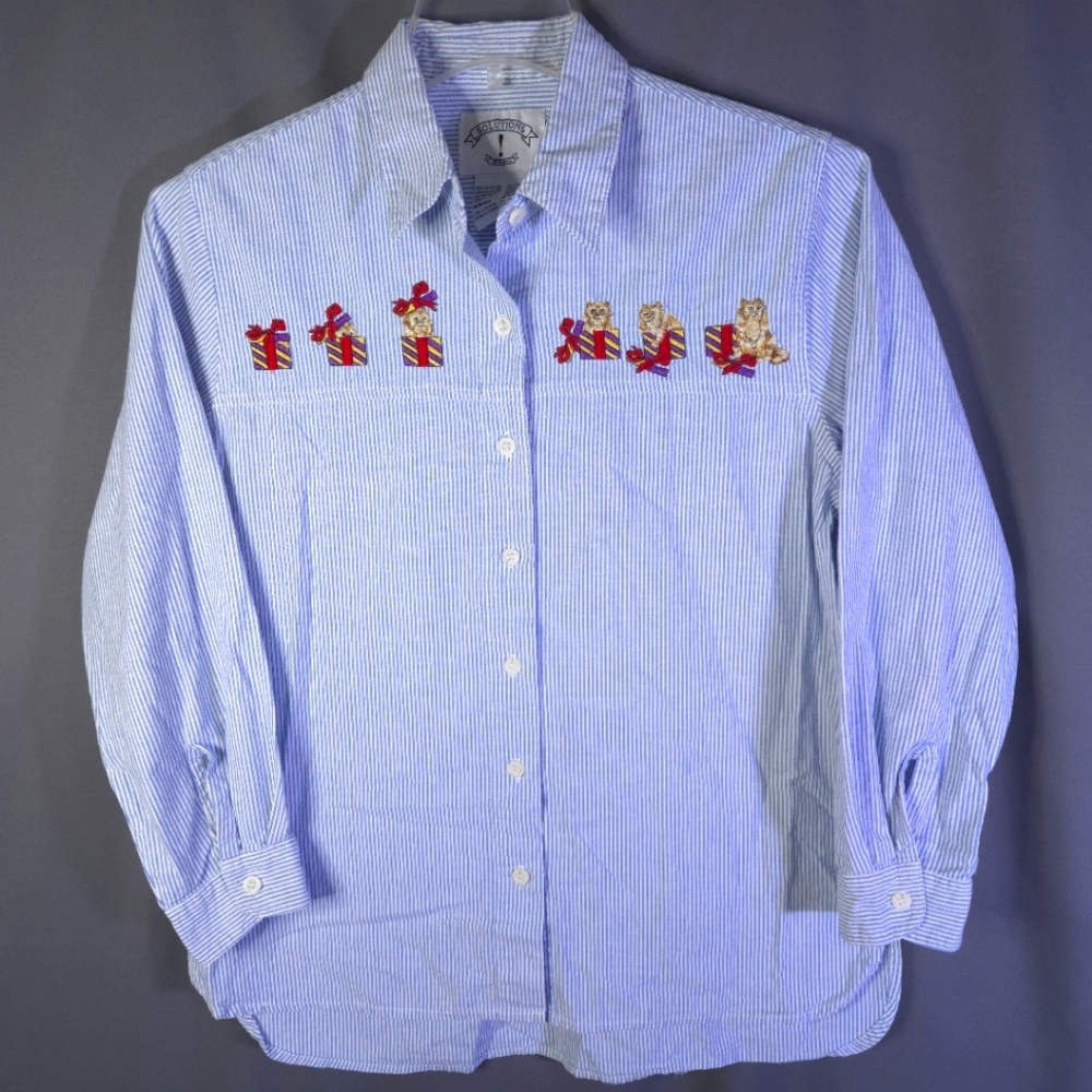 Solutions Kitten Present StripeButton Down Shirt Size M Vintage Embroidered Cats